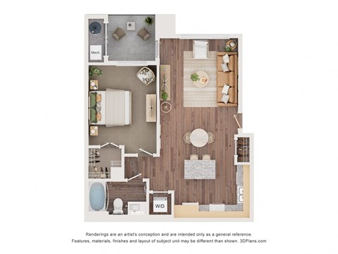 Floor plan for 1 bed, 1 bath, 745 sqft